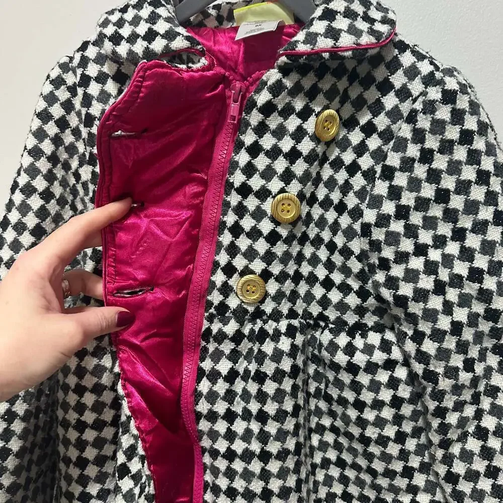 Penelope Mack Girls Houndstooth Coat with Pink Lining, Sz 6X